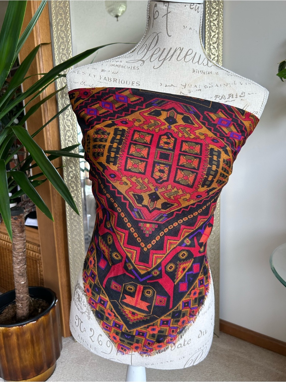 Vibrant Geometric Tribal Print Scarf Top - Red, Black, Gold
